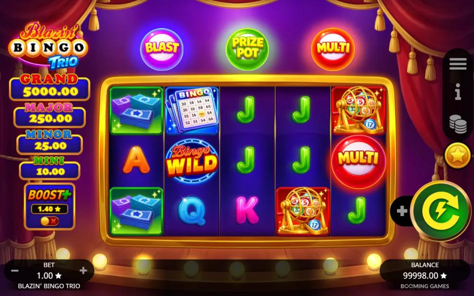 Blazin' Bingo Trio base game on a 5x3 grid with a Bingo Wild on reel 2 and a Multi scatter on reel 5, the Blast, Prize Pot and Multi balls above the reels and the four pot values on the left