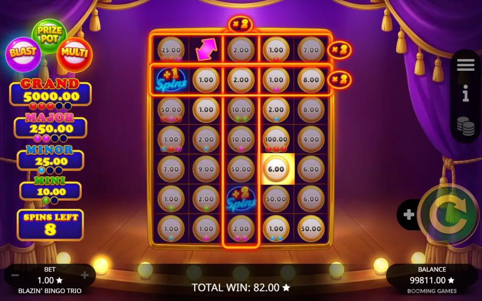 The bonus board after its first spin with a total win of 82, the swept prizes greyed out and the Mini pot meter partly filled