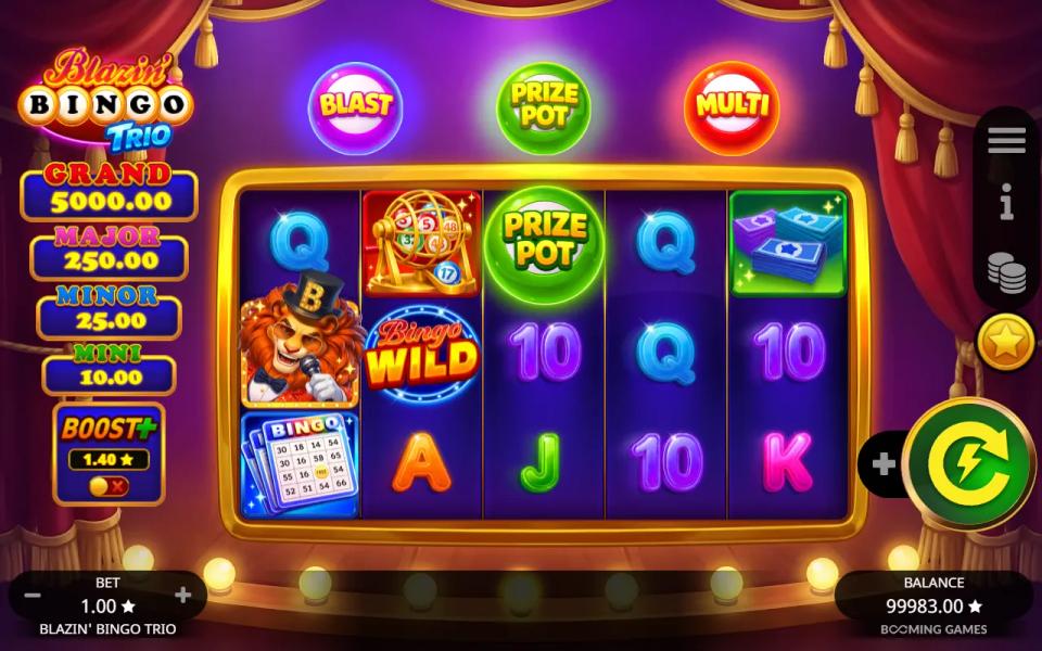 A Prize Pot scatter landing on reel 3 of the base game next to a Bingo Wild, with the Prize Pot ball lit above the reels and no bonus starting