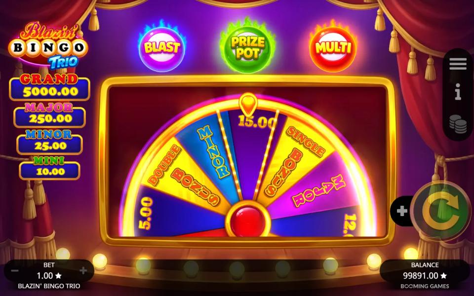 The Bingo Bonus prize wheel with cash segments, Minor and Major pot segments and Single and Double Bonus segments around the pointer