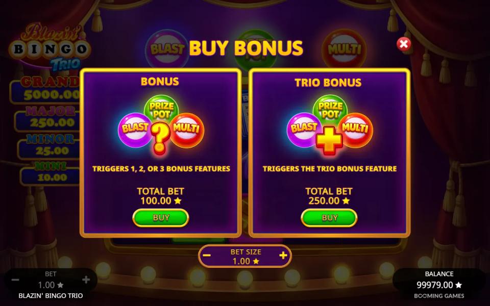 The Blazin' Bingo Trio Buy Bonus menu: Bonus for 100 triggering 1, 2 or 3 features and Trio Bonus for 250 triggering all three, at a bet size of 1.00