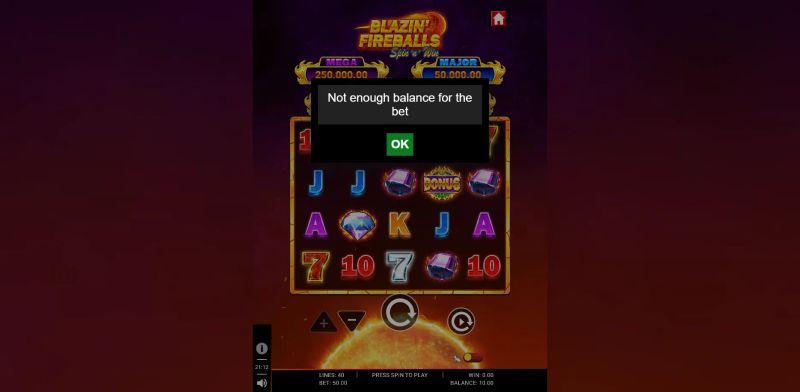 Blazin' Fireballs Spin 'n' Win gameplay screenshot