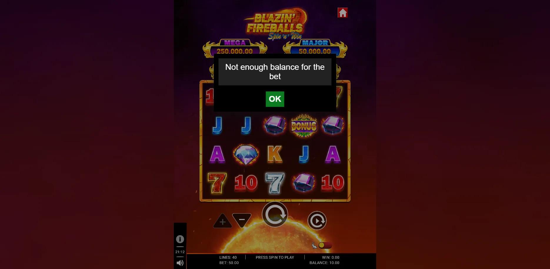Blazin' Fireballs Spin 'n' Win slot gameplay screenshot