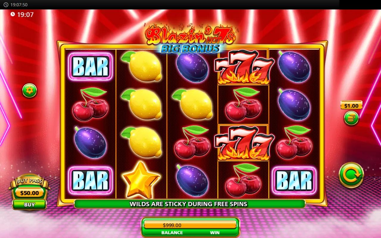 Blazin' Hot 7s Big Bonus slot 5x3 reels with red 777s, BAR symbols and sticky-Wild Free Spins strapline
