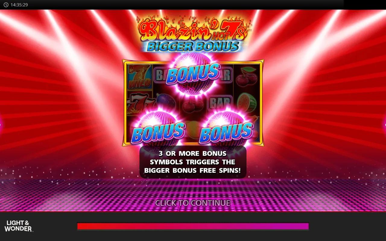 Blazin' Hot 7s Bigger Bonus slot showing 5x3 grid with BONUS scatters and red 7 WILD symbols