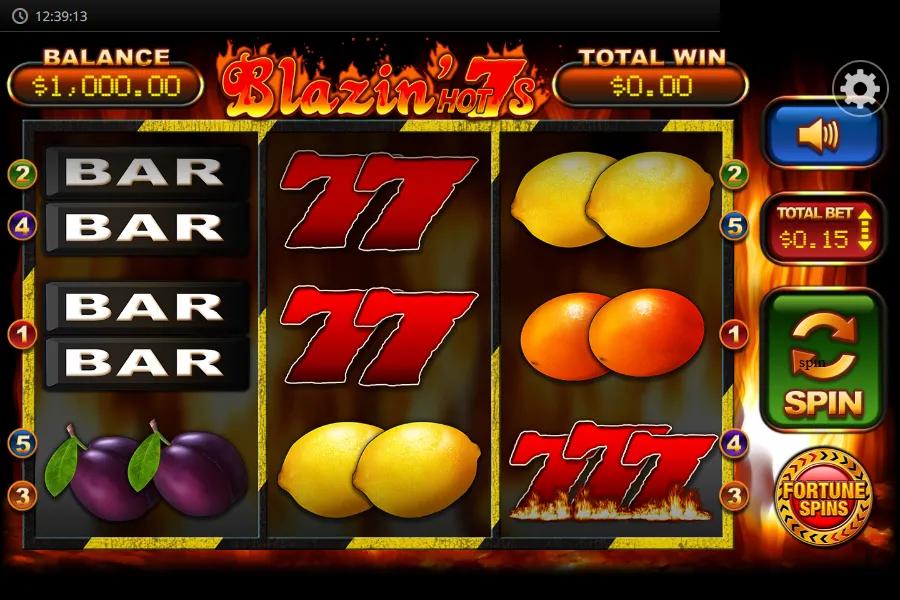 Blazin' Hot 7s slot gameplay showing 3-reel 5-payline grid with BAR symbols, cherries and gold stars on a fire background