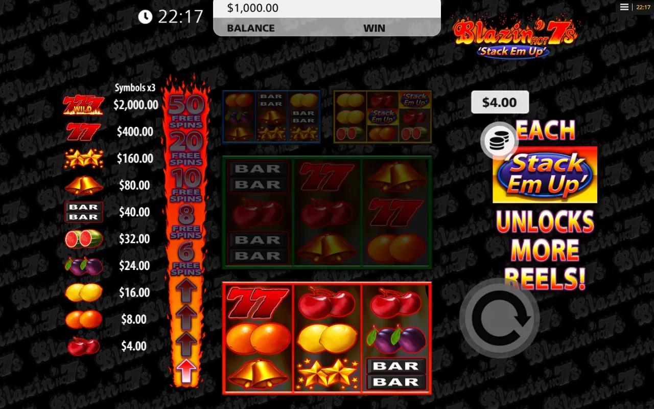 Blazin Hot 7s Stack Em Up gameplay showing 3x3 base reel set, three locked stacked reel sets above and the Free Spins ladder