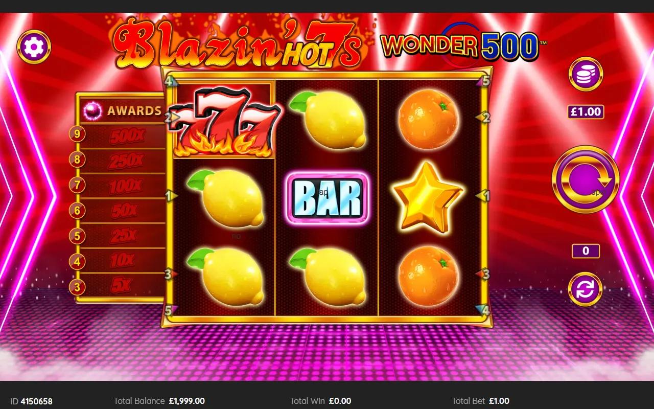 Blazin' Hot 7s Wonder 500 slot showing 3x3 reels with flaming 777 WILD and gold star Disco Ball scatter
