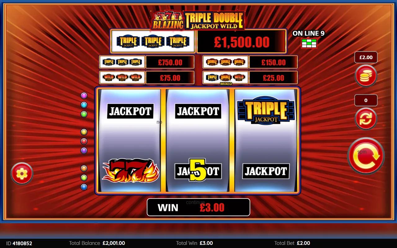 Blazing 777 Triple Double Jackpot Wild slot showing 3x3 reels with flaming 777 symbols and Triple Jackpot wild on reel 2