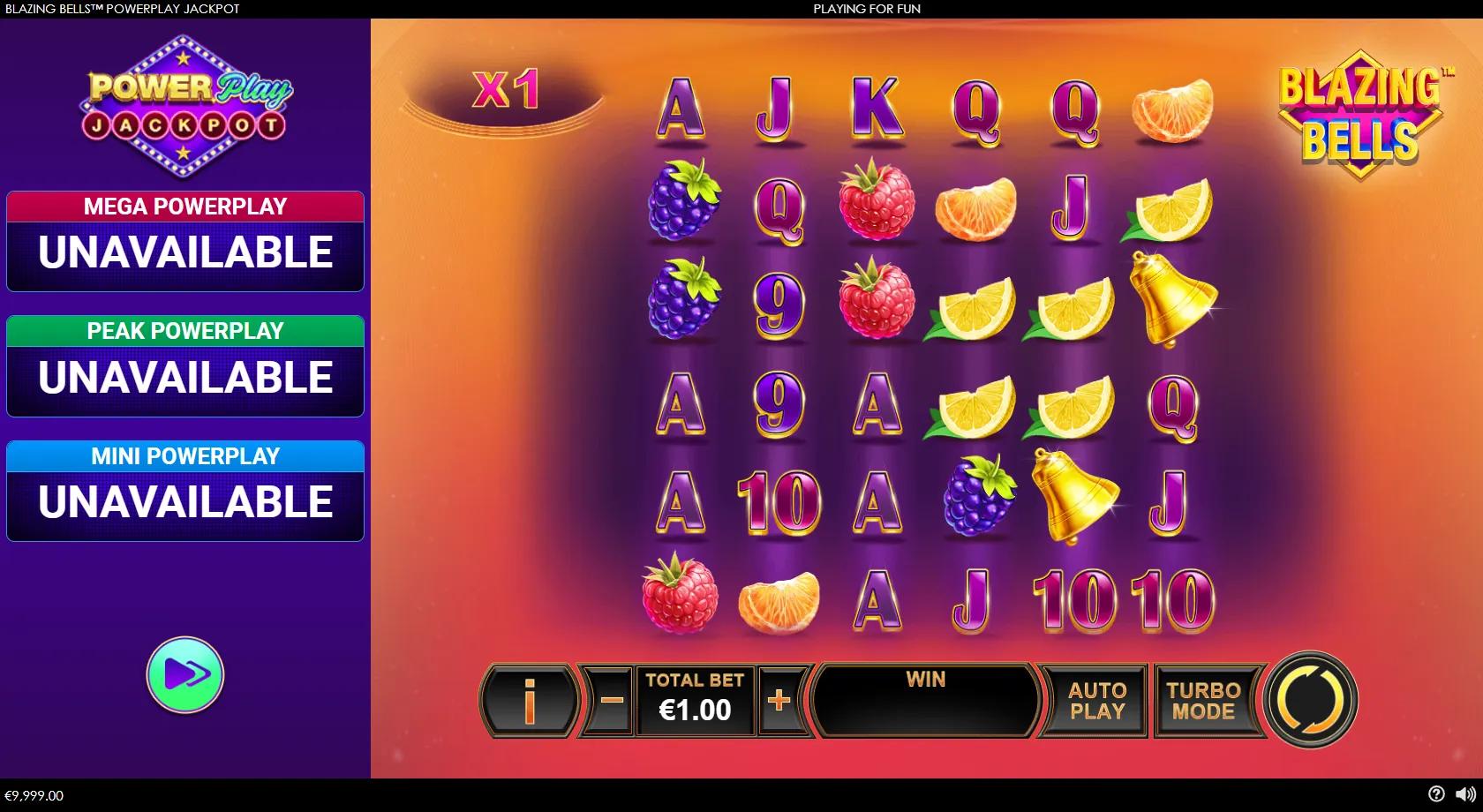 Blazing Bells slot gameplay showing 6x6 46656-ways grid with fruit symbols, golden bells and an X1 win multiplier