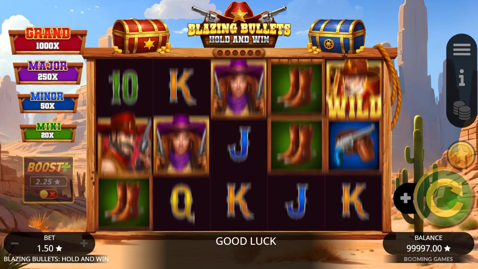 Blazing Bullets Hold and Win slot gameplay showing the 5x3 Wild-West grid with revolver symbols, value bullets and the jackpot ladder