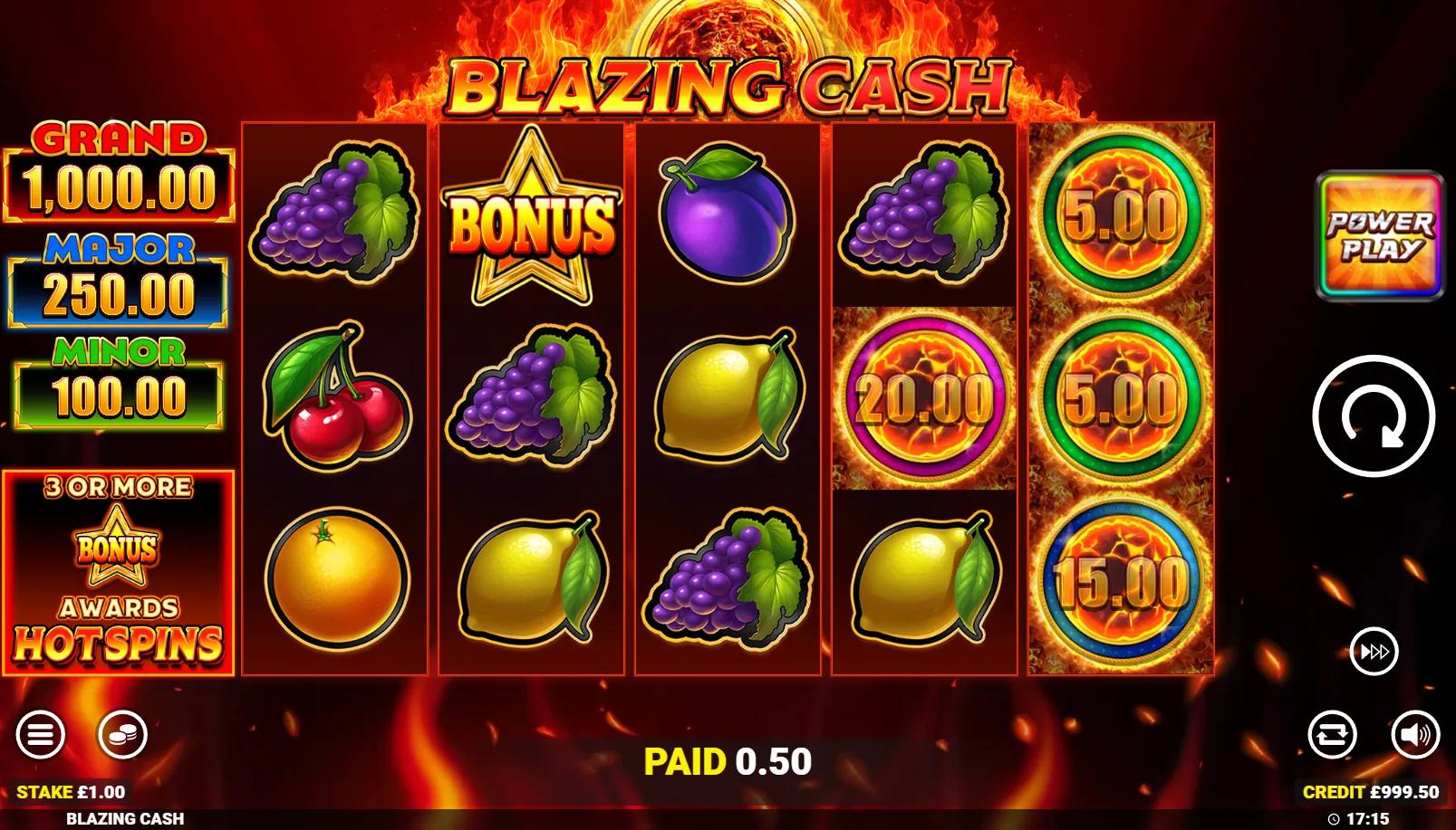 Blazing Cash slot showing 5x3 grid with classic fruit symbols and fiery Cash Prize coins