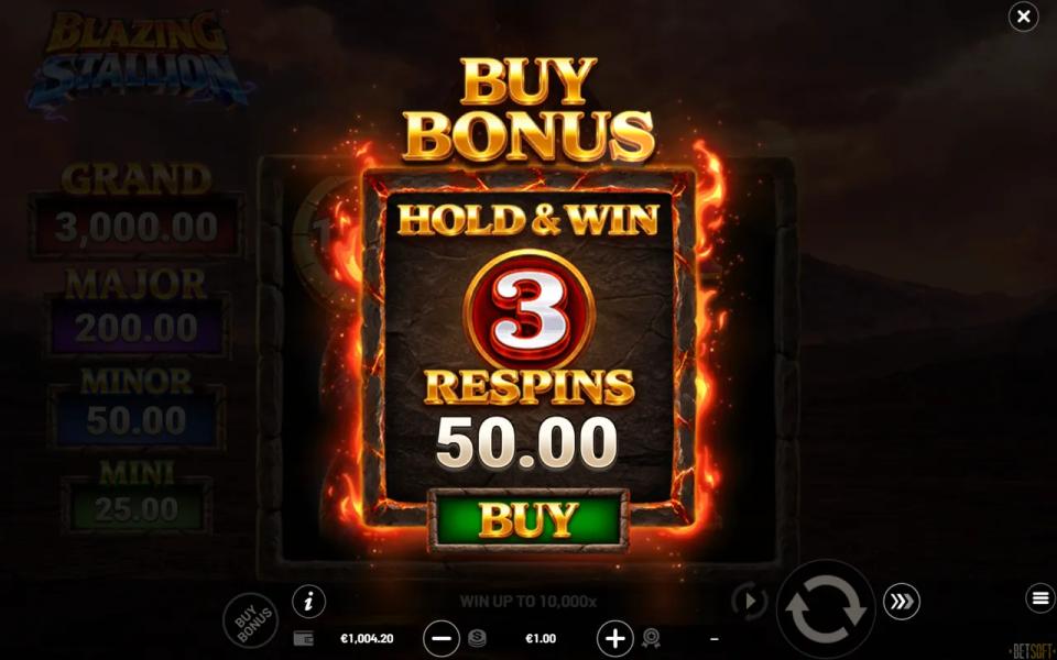 Blazing Stallion Buy Bonus card offering Hold & Win with 3 respins for 50 times the bet