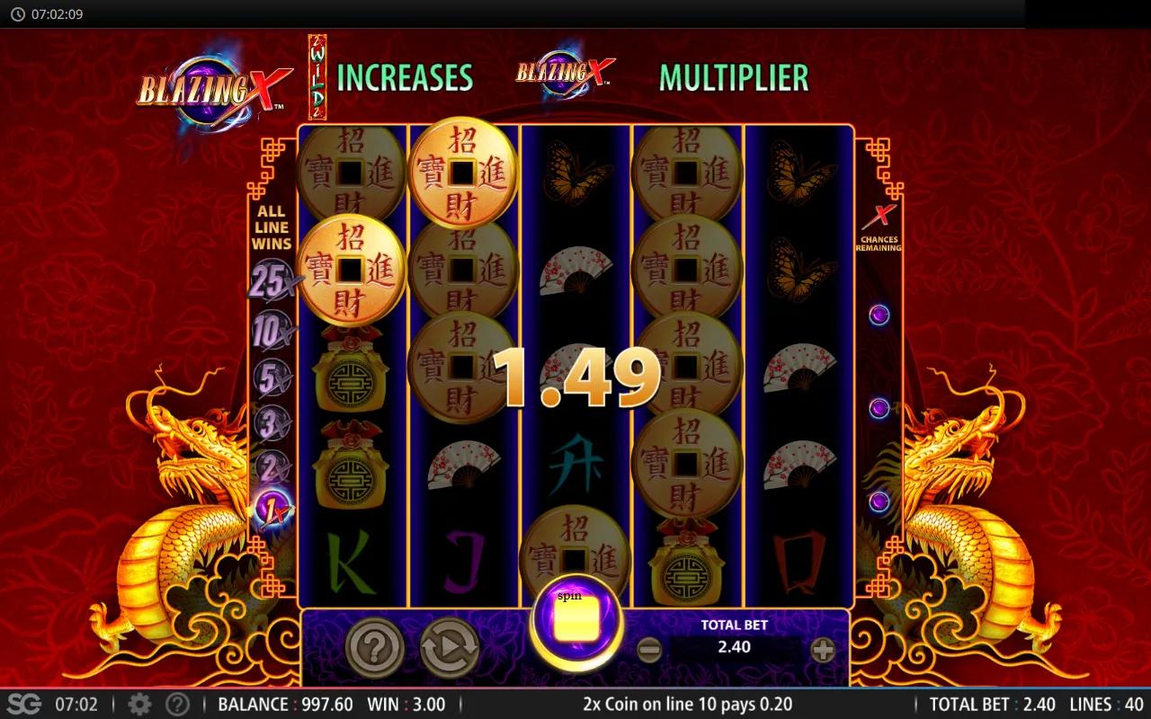 Blazing X Asia gameplay: red and gold dragons, multiplier ladder on the left, and Chinese prosperity symbols on the reels
