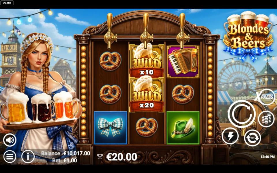 Blondes & Beers 3x3 Oktoberfest grid with two multiplier wild symbols reading x10 and x20 stacked on the middle reel