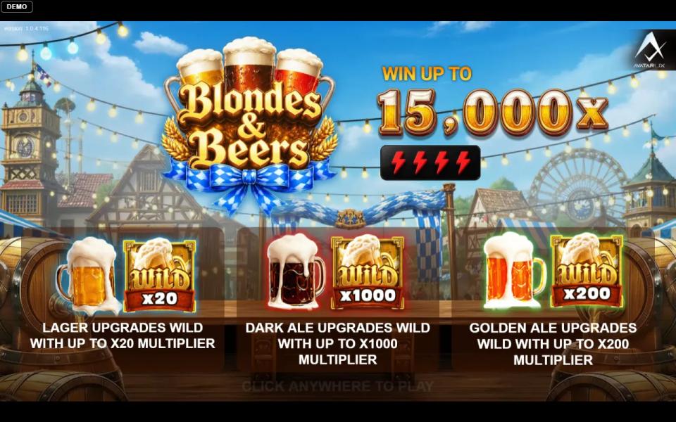 Blondes & Beers splash screen showing a 15,000x maximum win and the three beer wild tiers up to x1000