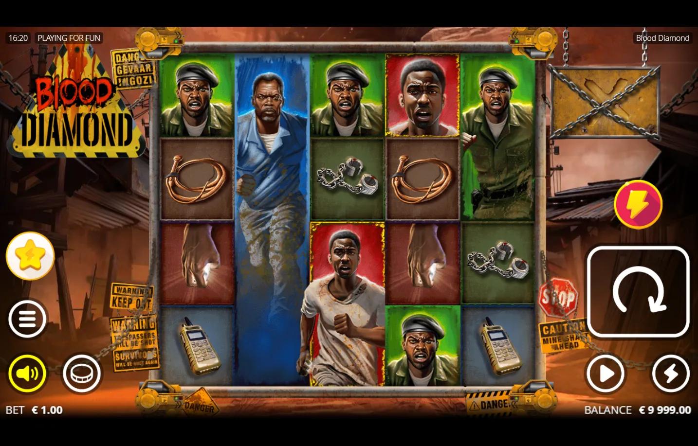 Blood Diamond slot gameplay showing 5x4 grid with stacked character symbols in African sunset oil-refinery landscape