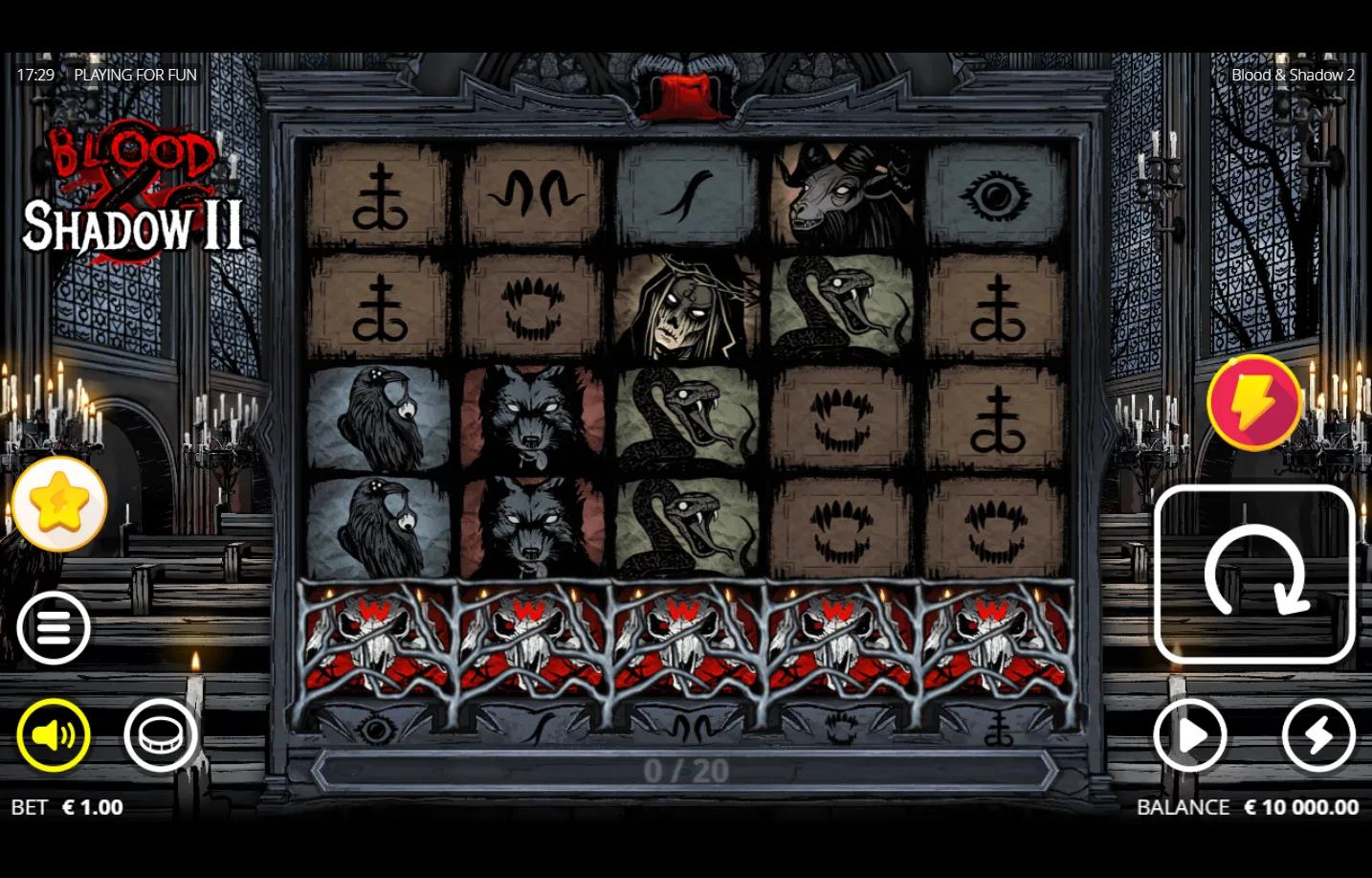 Blood Shadow 2 slot gameplay showing 5x5 grid with locked Wild row and Ritual Bar in medieval gothic execution scene