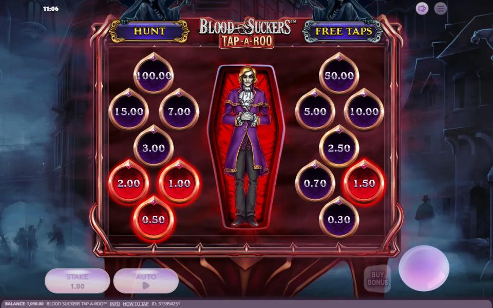 Blood Suckers Tap-a-Roo game screen with Lestat in a purple coat lying in the open coffin and four of the fourteen prize medallions around it glowing red