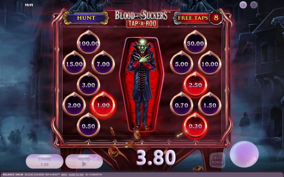 Free Taps round in Blood Suckers Tap-a-Roo with Nosferatu in the coffin, three prize medallions lit and the Free Taps counter showing 8