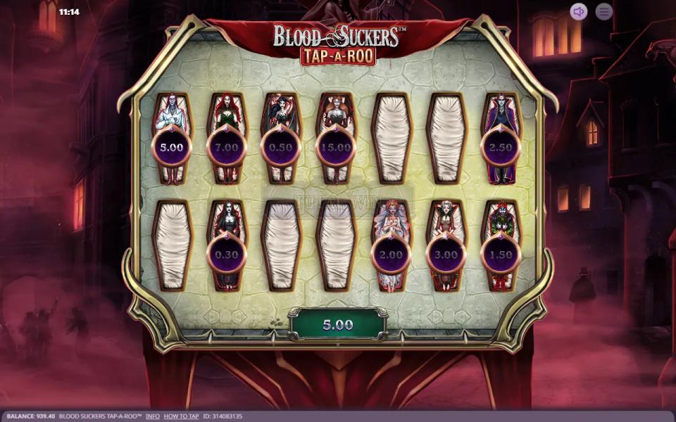 Vampire Hunt board in Blood Suckers Tap-a-Roo after an empty coffin, with all fourteen coffins flipped open to show the prizes left behind