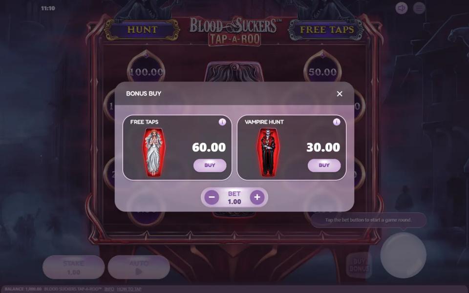 Bonus Buy menu in Blood Suckers Tap-a-Roo offering Free Taps for 60 and Vampire Hunt for 30 at a 1.00 bet