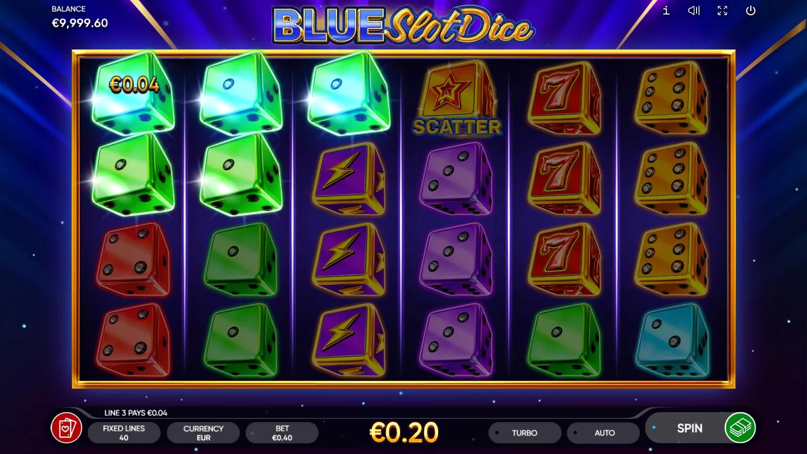 Blue Slot Dice slot gameplay showing 6x4 neon dice reels with lightning Wild and star Scatter symbols