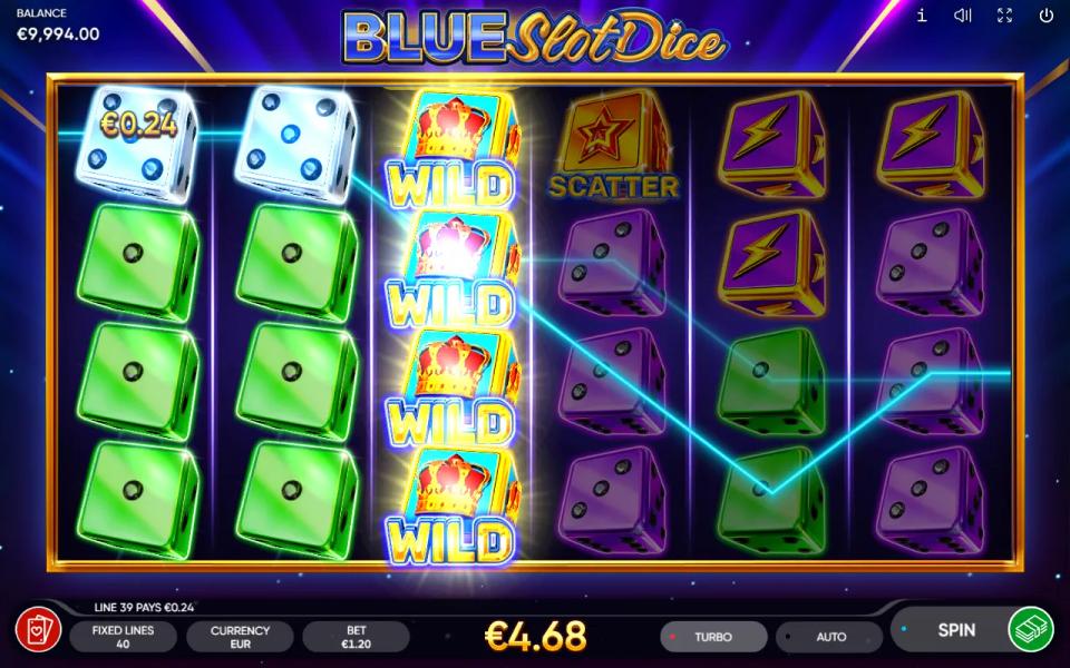 Blue Slot Dice six-by-four reels of coloured dice on a starry blue background, a crown wild stretched over the whole of reel 3 and a star scatter on reel 4