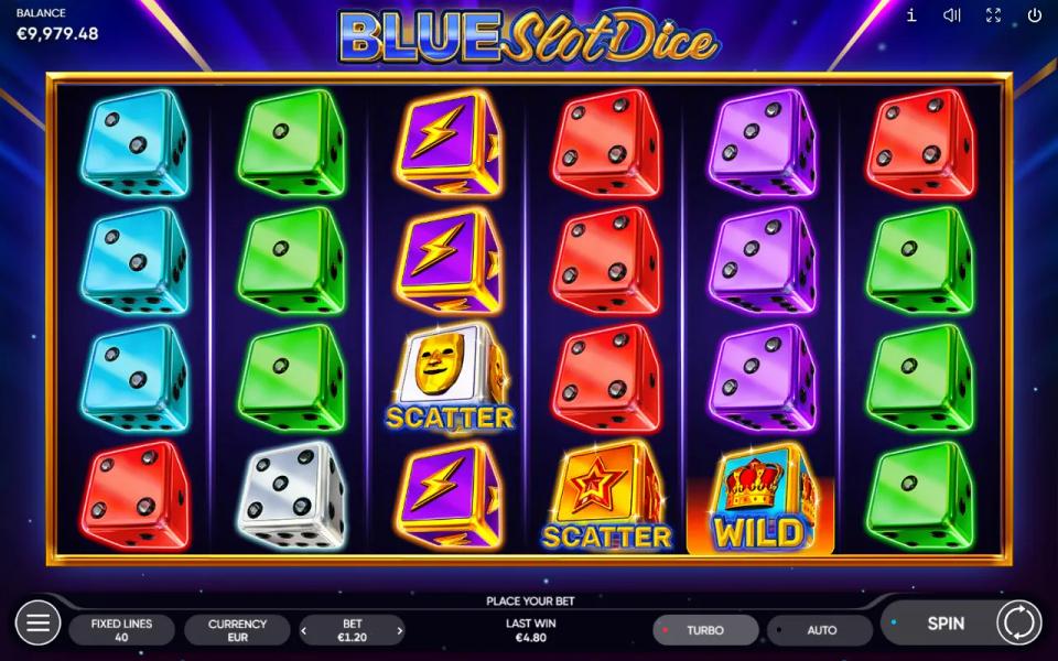 Blue Slot Dice board showing a mask scatter on reel 3, a star scatter on reel 4 and a crown wild on reel 5