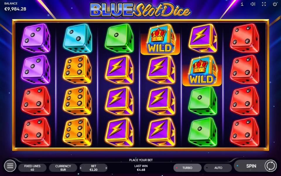 Blue Slot Dice board with two single crown wilds on reels 4 and 5 and no matching dice on the first three reels