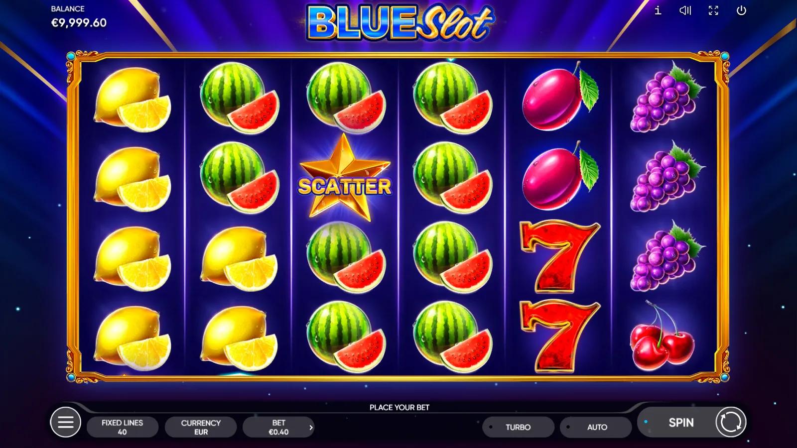 Blue Slot gameplay showing 6x4 fruit reels with a blue-diamond Wild, gold star and horseshoe Scatters and a red 7