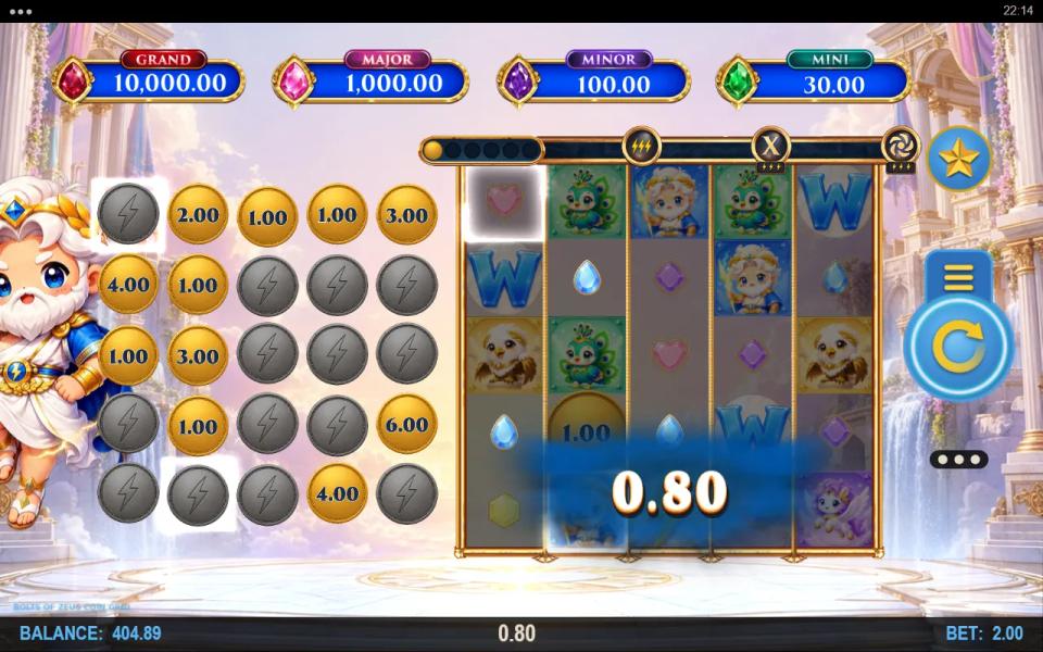 Bolts of Zeus Coin Grid 5x5 reels paying a line win with a wild on the first reel and the coin grid filling alongside