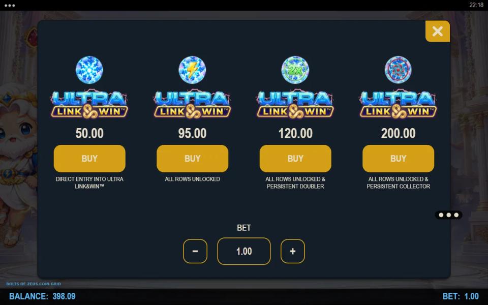 Bolts of Zeus Coin Grid buy menu showing four purchase tiers from direct entry to collect mode