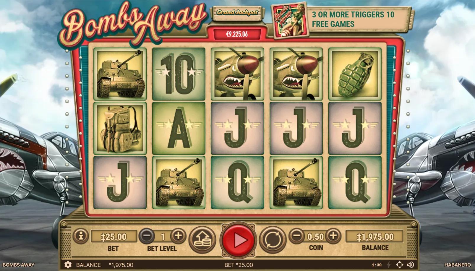 Bombs Away slot 5x3 grid with exploding wild bomb, GI pilot, Sherman tank, grenade and WWII stencil card royals