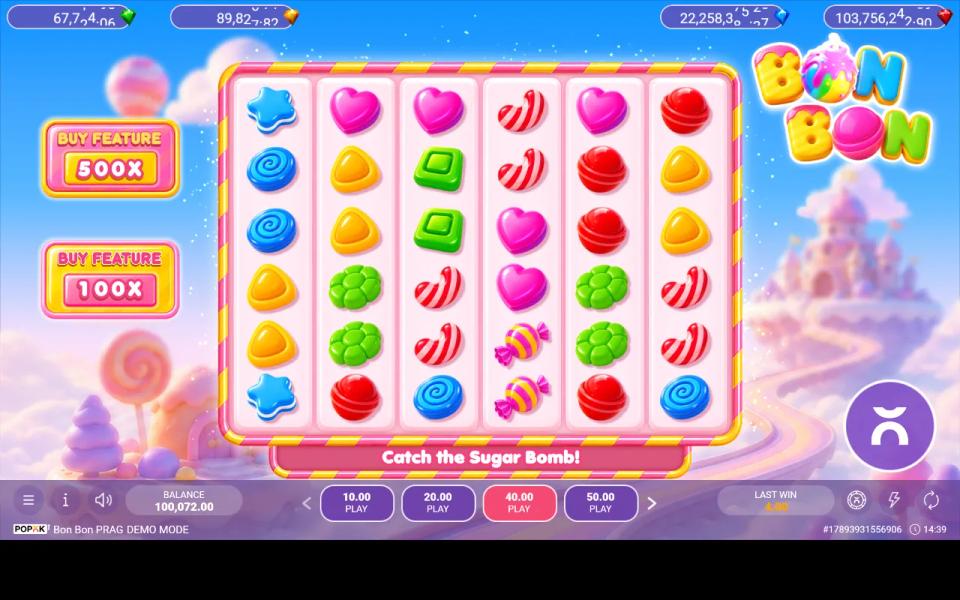 A completely full 6x6 board of candy in Bon Bon PRAG with no winning combination anywhere and the message strip reading Catch the Sugar Bomb