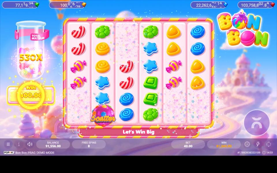 The bought free-spins round of Bon Bon PRAG with the multiplier jar reading 530X, eight free spins remaining and a running win of 81,260