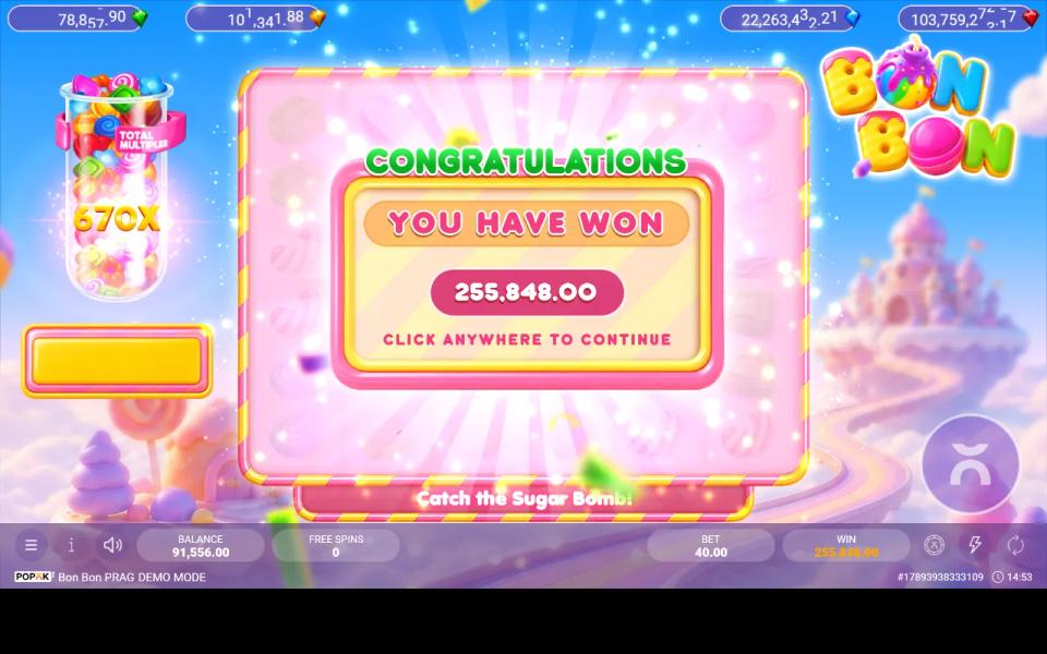 Bon Bon PRAG's congratulations screen reading 255,848.00, with the multiplier jar standing at 670X behind it