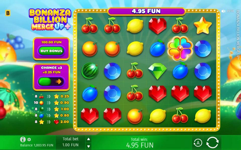 Bonanza Billion Merge Up 6x5 fruit and gem grid with five merge steps listed beside the board