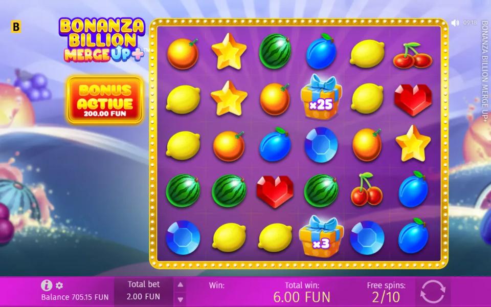 Bonanza Billion Merge Up free spin with x25 and x3 multiplier gifts on a 6x5 board that paid nothing