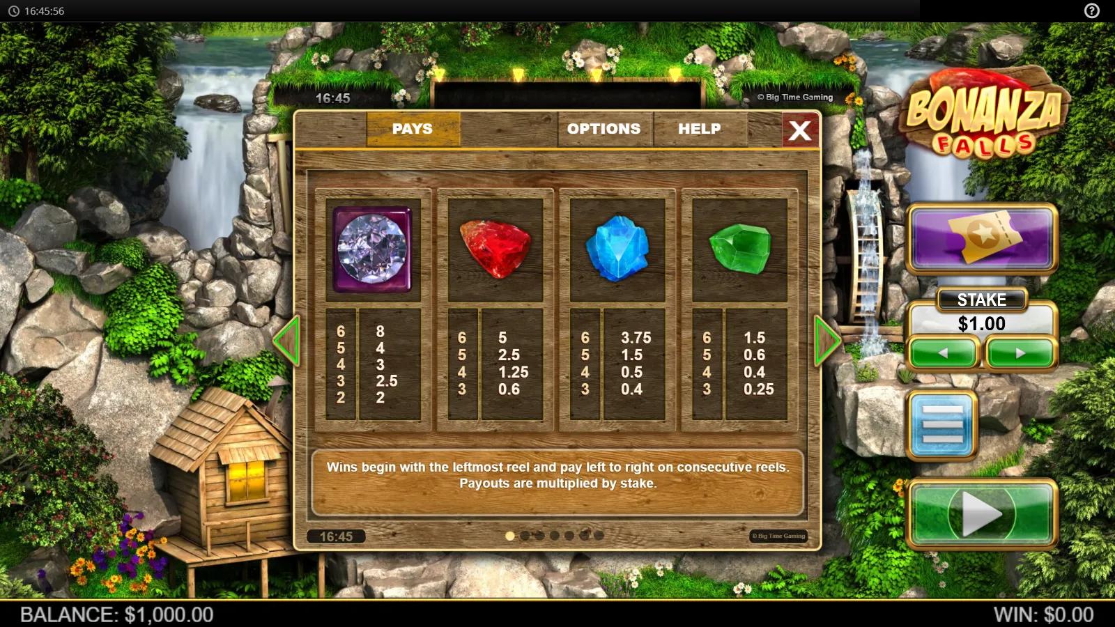 Bonanza Falls slot PAYS screen showing cut-gem symbol payouts beside a mining waterfall
