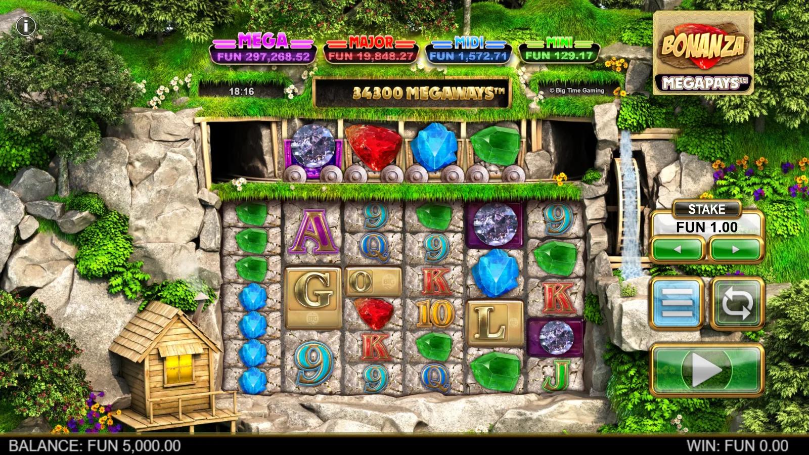 Bonanza Megapays slot gameplay showing the 6-reel Megaways mining grid with the minecart carts and four-tier jackpot ladder