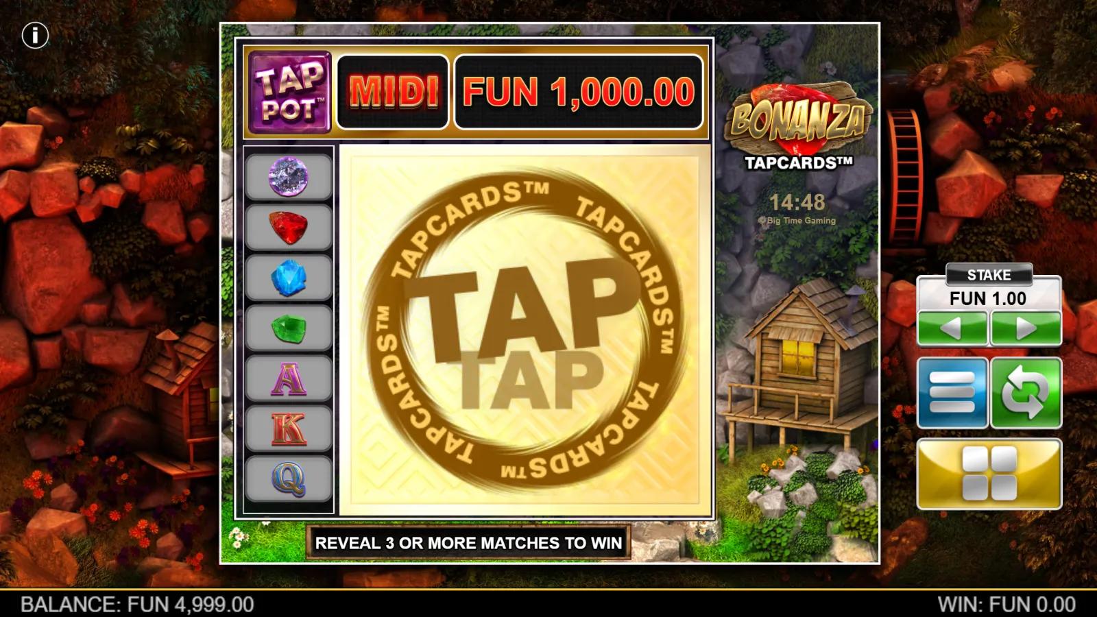 Bonanza TapCards gameplay showing a revealed tap card with gemstone and royal symbols in a gold-mine scene