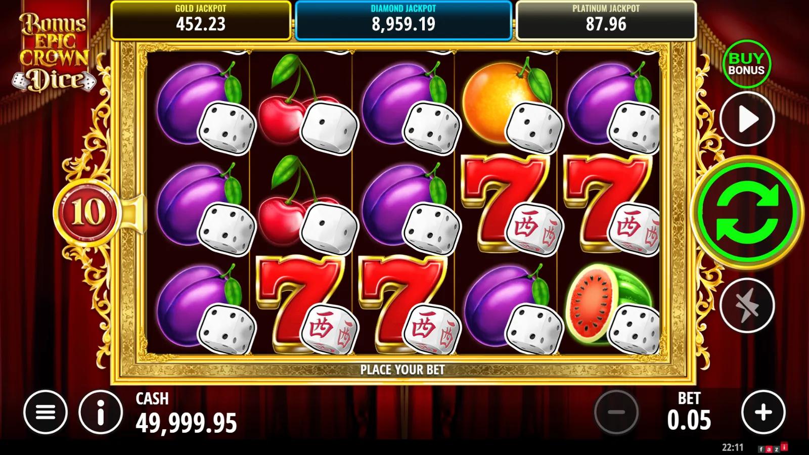 Bonus Epic Crown Dice slot gameplay showing 5x3 dice-fruit reels with red sevens, crown wild and jackpot meters