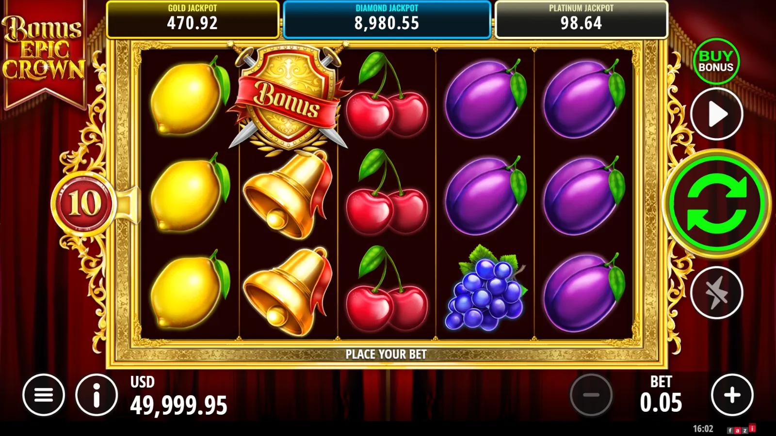 Bonus Epic Crown slot gameplay showing 5x3 fruit grid with expanding crown wild, red Bonus shield and red 7