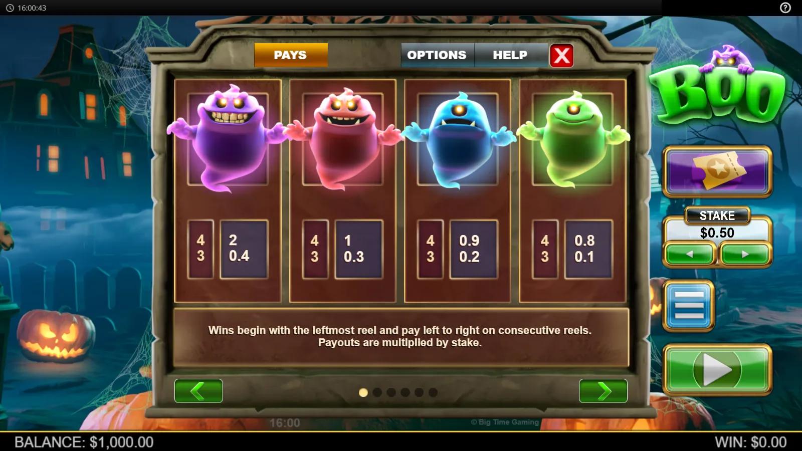 Boo slot Pays screen showing coloured cartoon ghost symbol payouts outside a haunted house