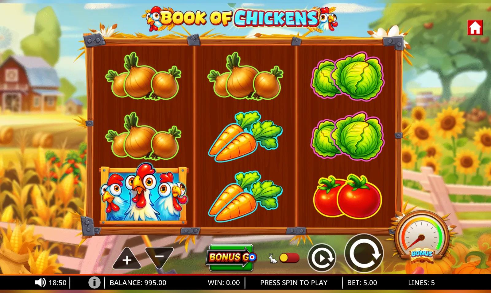 Book of Chickens slot gameplay showing the 3x3 farm grid with carrot, onion, cabbage and chicken symbols
