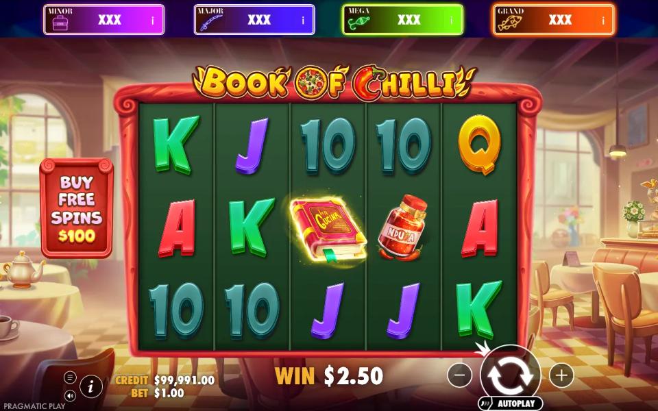 Book of Chilli - Big Bass Jackpot Bonanza 5x3 reels in an Italian dining room, a glowing book wild completing four tens for a $2.50 win, with four progressive jackpot panels above the grid