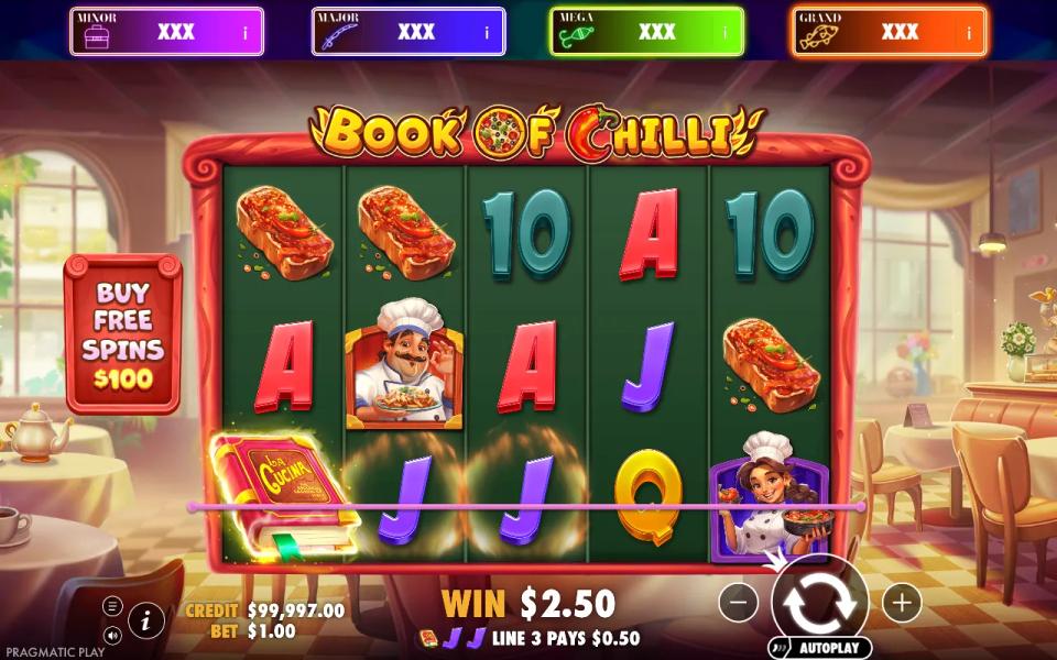 5x3 board with the Book symbol acting as a wild on the bottom row to complete a payline of jacks