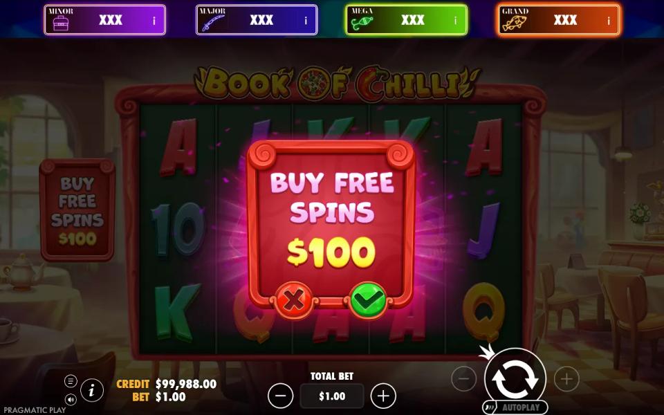 Buy Free Spins confirmation dialog priced at $100 over a dimmed Book of Chilli board, with the four jackpot panels still showing above