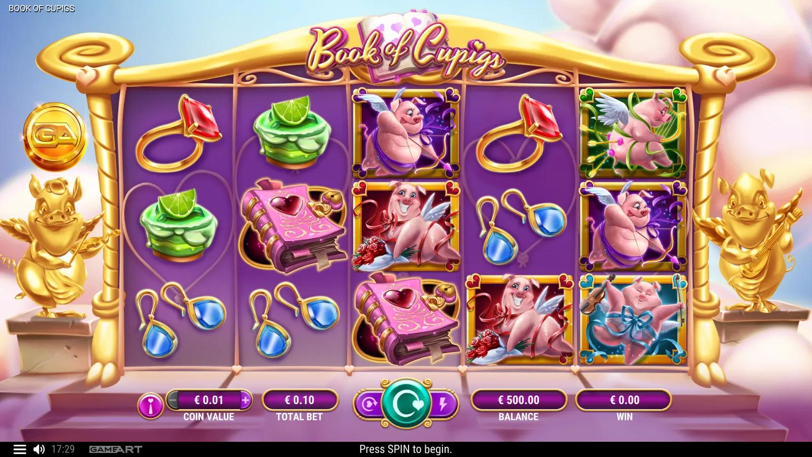 Book of Cupigs slot gameplay showing the 5x3 Valentine grid with cupid pig, rose bouquet and love-book Scatter symbols